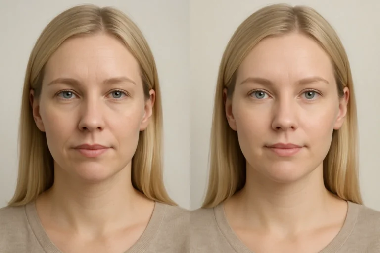 Before and after Nasolabial Fold Filler treatment with smoother youthful skin.