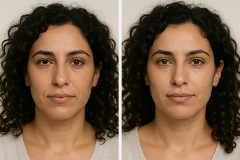 Before and after Nasolabial Fold Filler with brighter and more even complexion.