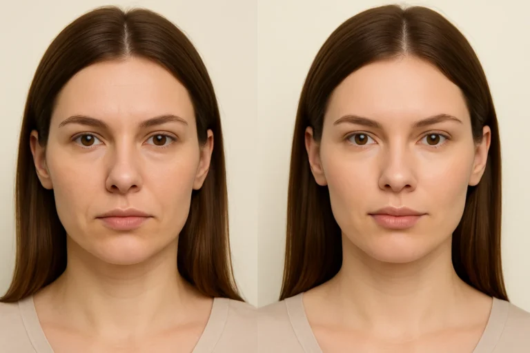 Before and after Radiesse Filler treatment with brighter complexion and smoother skin.
