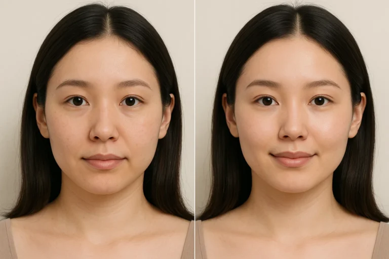 Before and after Radiesse Filler treatment with brighter smooth complexion.