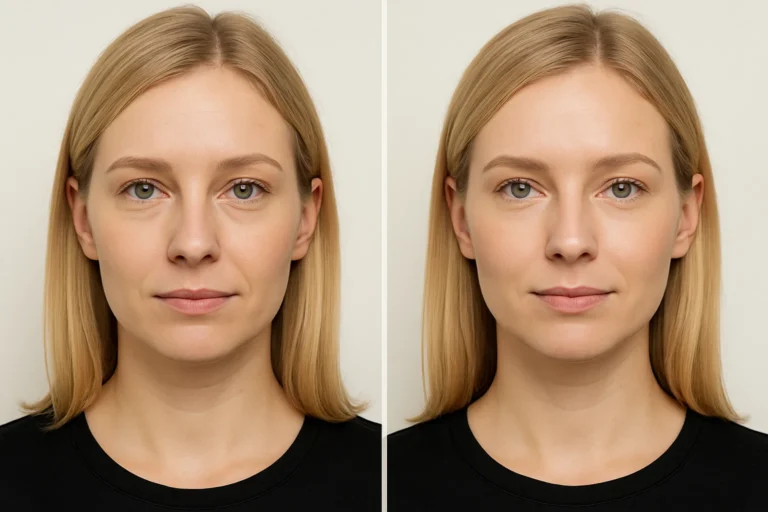 Before and after Radiesse Filler with brighter tone and smoother skin texture
