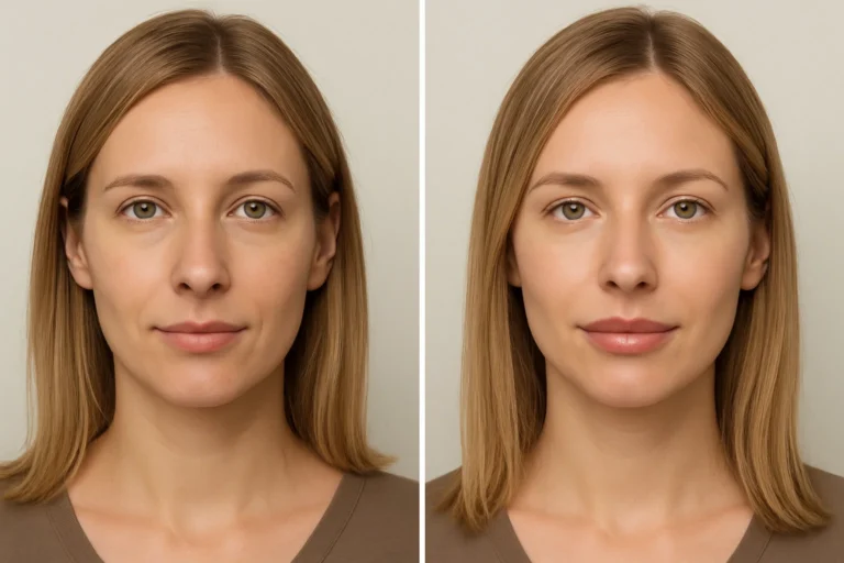 Before and after Russian Lip Filler with enhanced lips and smooth skin finish.