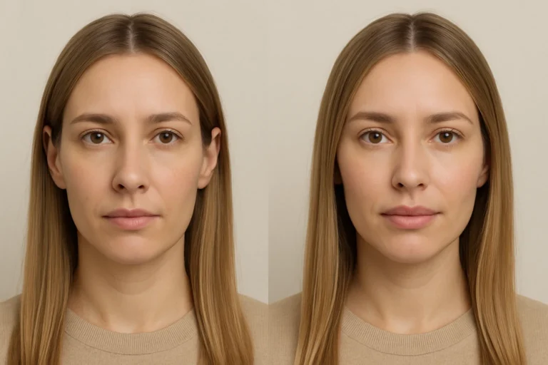 Before and after Russian Lip Filler with natural glow and enhanced lips.