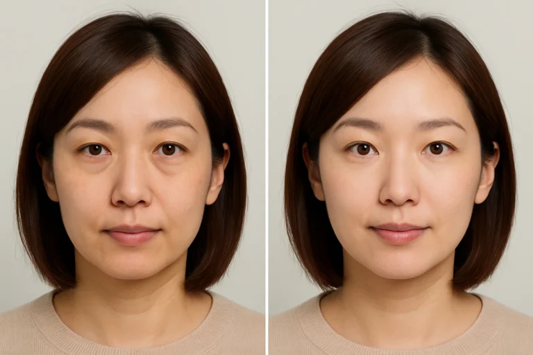Before and after Tear Trough Filler showing brighter eyes and smoother skin.