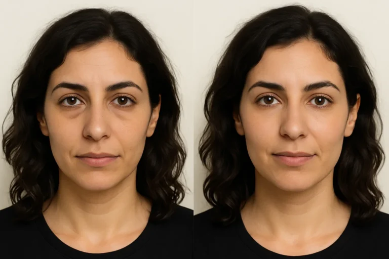 Before and after Tear Trough Filler treatment showing reduced dark circles and smoother skin.