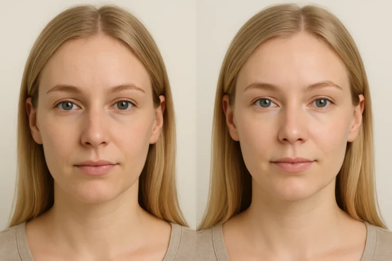 Before and after Tear Trough Filler treatment with brighter complexion and youthful look.