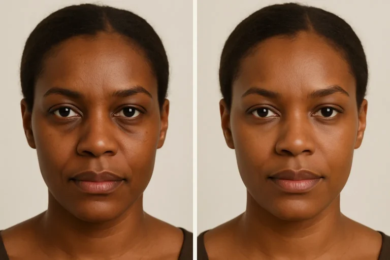 Before and after Tear Trough Filler treatment with reduced under-eye shadows.