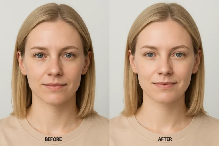 Before and after Temple Fillers treatment with clearer and smoother facial complexion.
