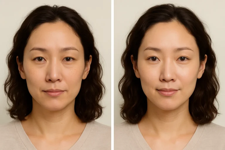 Before and after Temple Fillers treatment with radiant and even complexion.