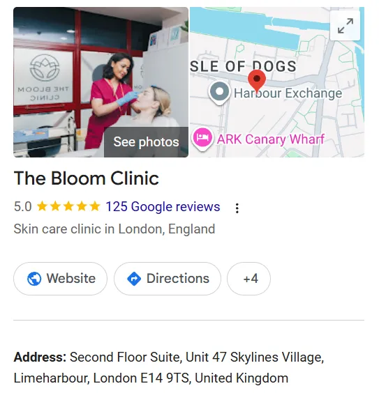 The Bloom Clinic Google Maps profile 