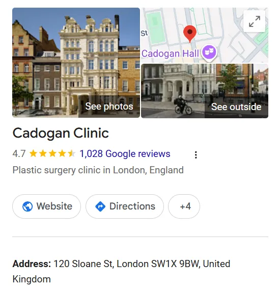 The Cadogan Clinic Google Maps profile