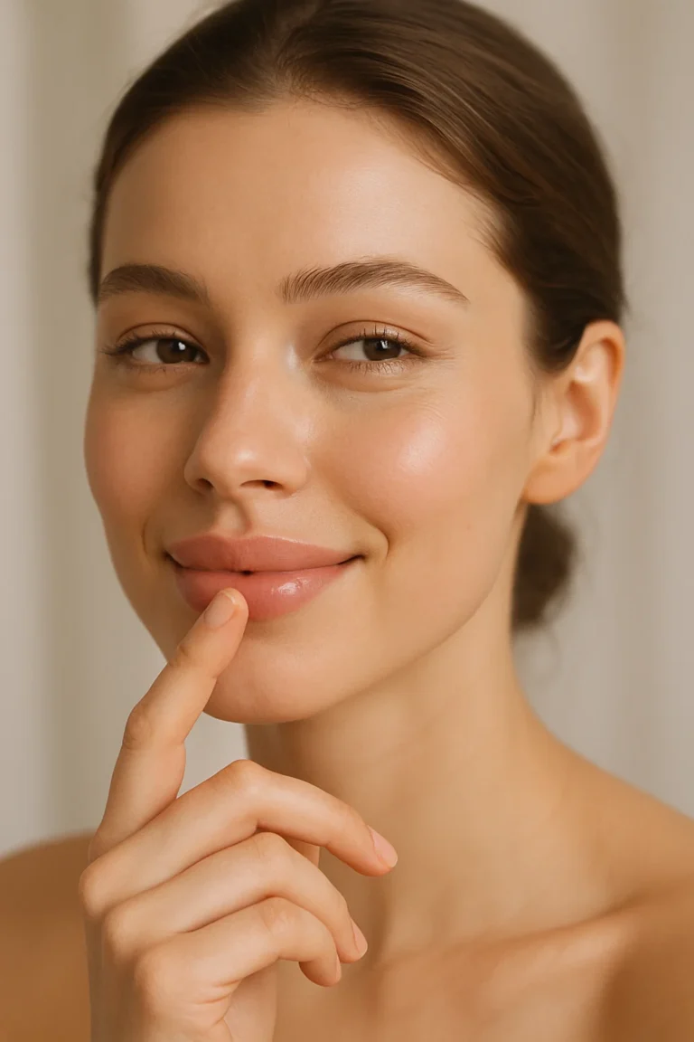 Woman touching her lips after lip filler treatment, thinking when she can kiss again.