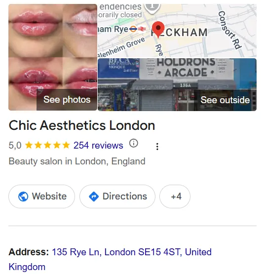 Chic Aesthetics London Google Maps profile