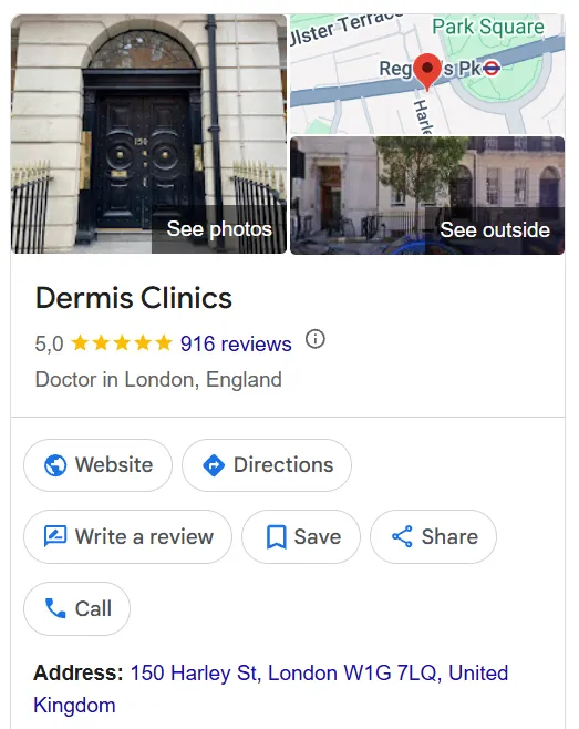 Dermis Clinics Google Maps profile