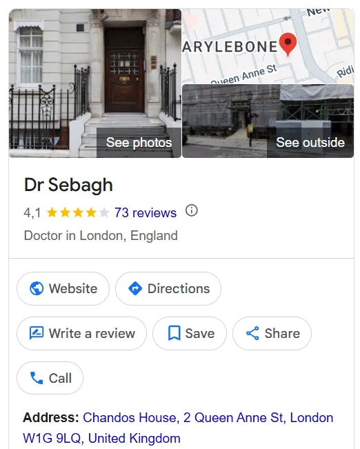 Dr Sebagh Clinic Google Maps profile