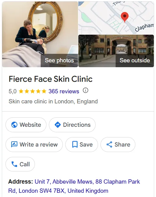 Fierce Face Skin Clinic Google Maps profile