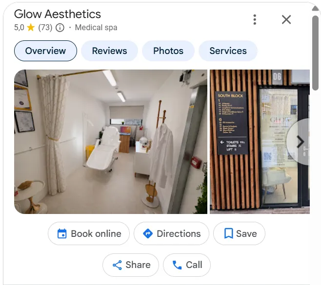 Glow Aesthetics Google Maps profile 