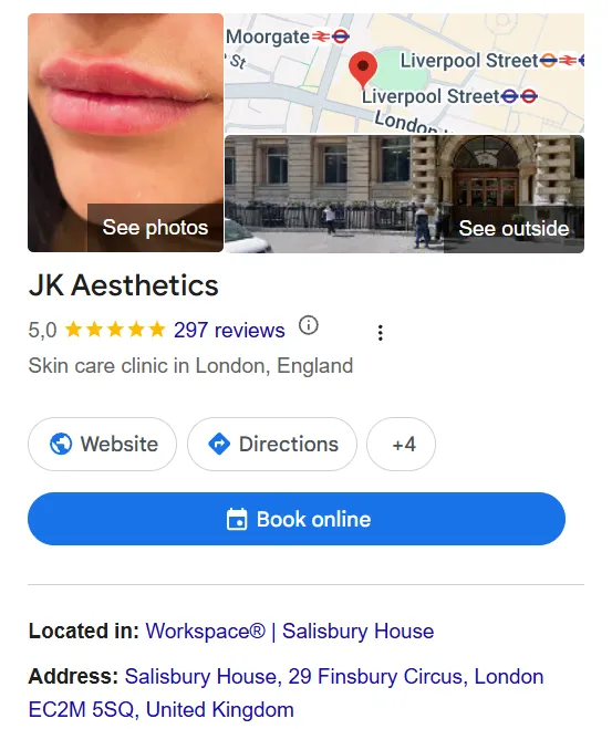 JK Aesthetics Google Maps profile 
