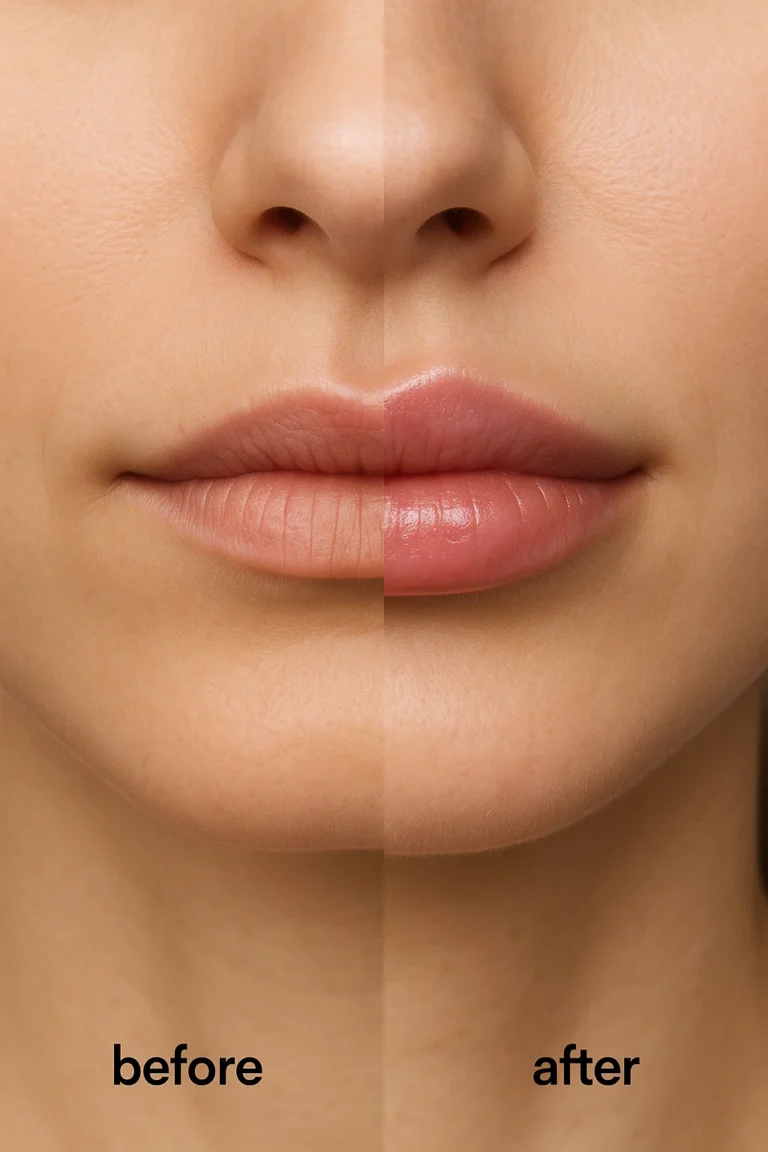 Lip filler before and after showing enhanced volume and natural symmetry.