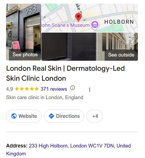 London Real Skin Google Maps profile 