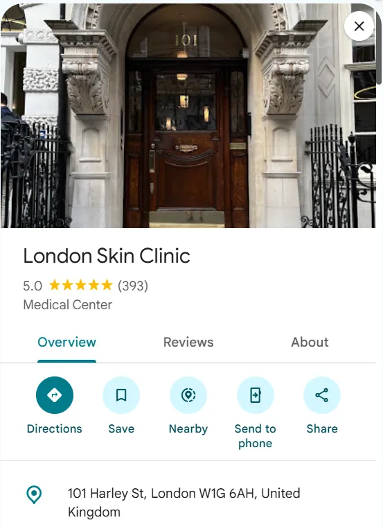 London Skin Clinic Google Maps profile