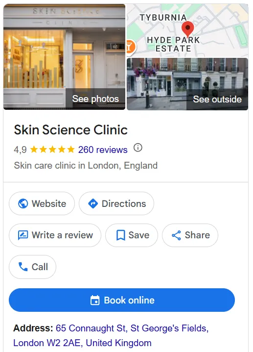 Skin Science Clinic Google Maps profile