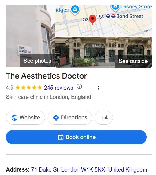 The Aesthetics Doctor Google Maps profile