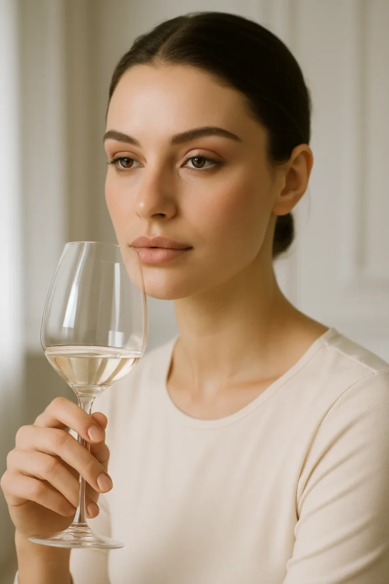 Woman after lip filler holding glass with water at Aesthetic Beauty Clinic London.