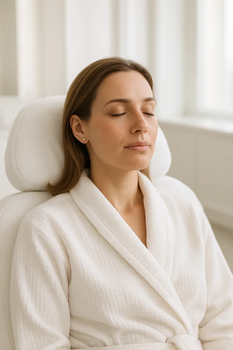 Woman in robe considering long term Botox use effects in clinic.