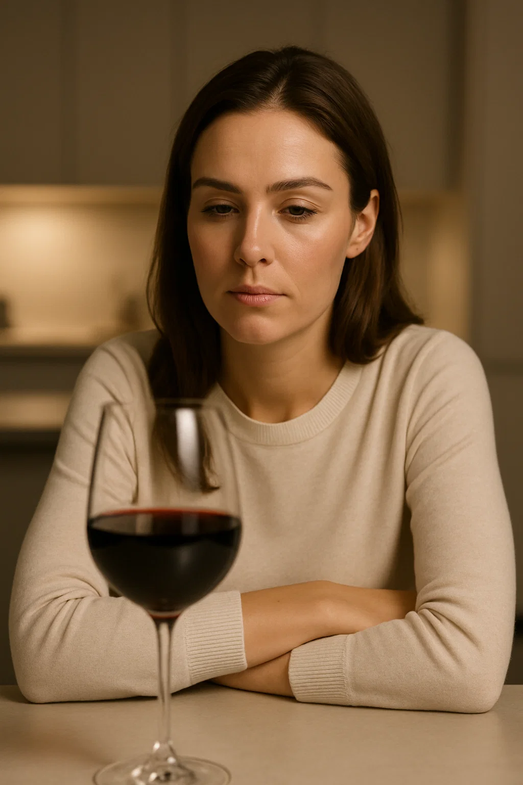 Woman looks at wine glass wondering can you drink alcohol after Botox.