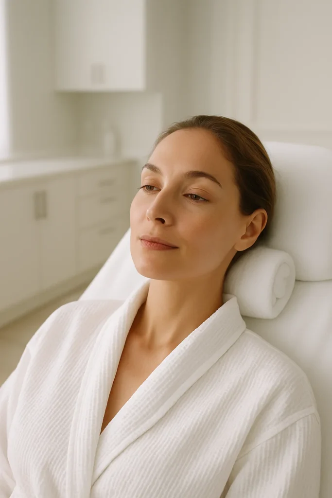 Woman in robe considering long term Botox use effects in clinic.