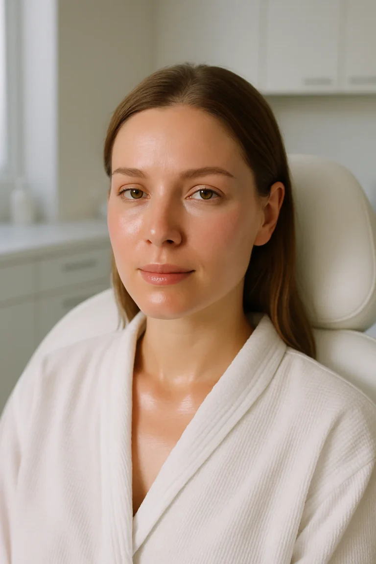 Woman at aesthetic clinic in robe after cosmetic treatment.