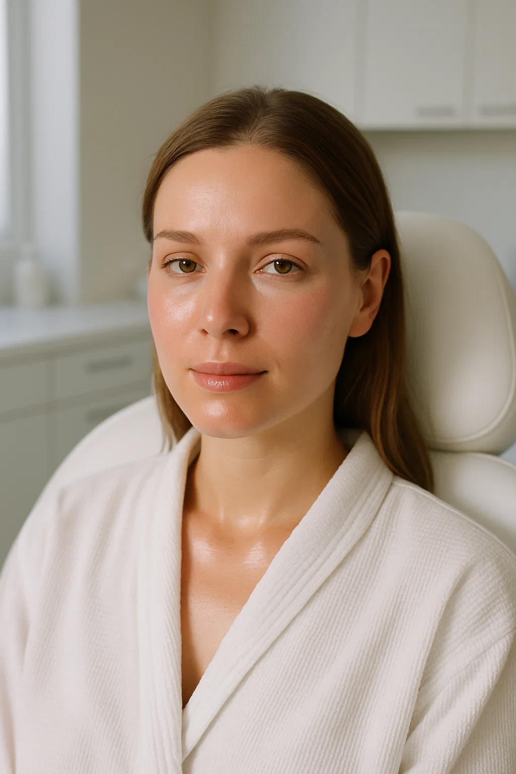 Woman at aesthetic clinic in robe after cosmetic treatment.