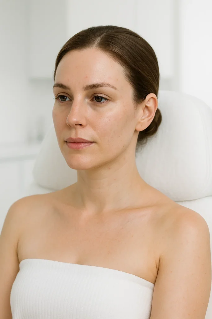 Woman in cosmetology chair for beauty treatment.