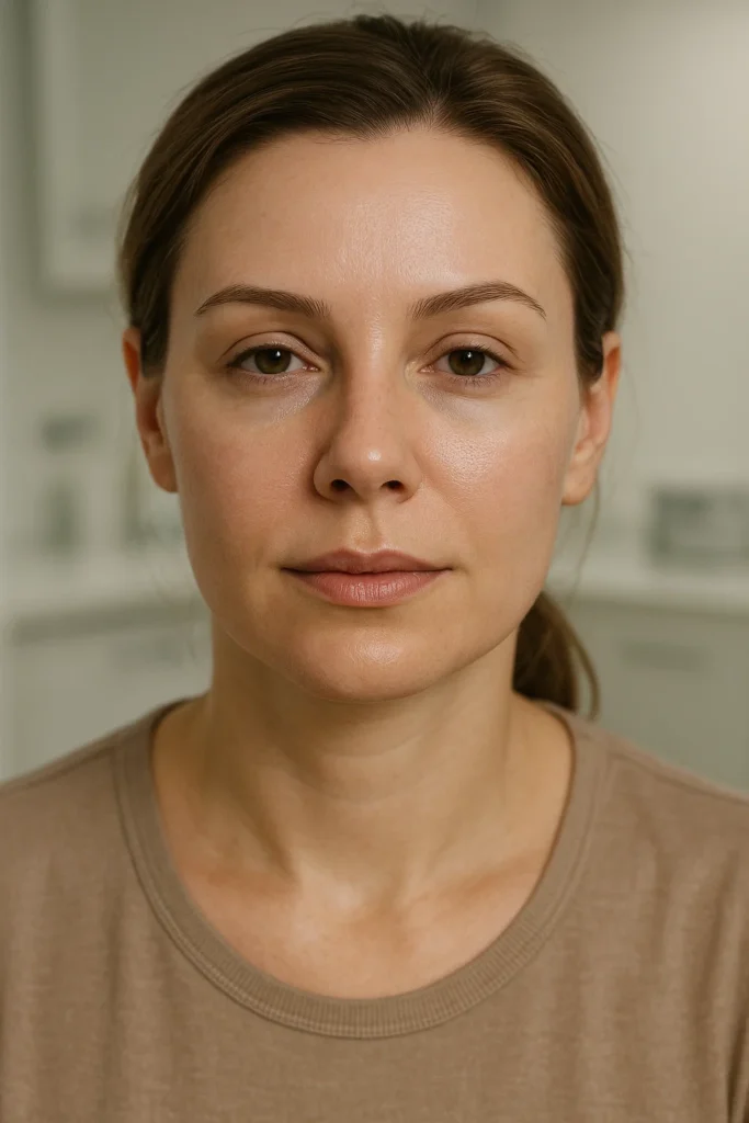 Close-up portrait of woman with natural face and clear skin.
