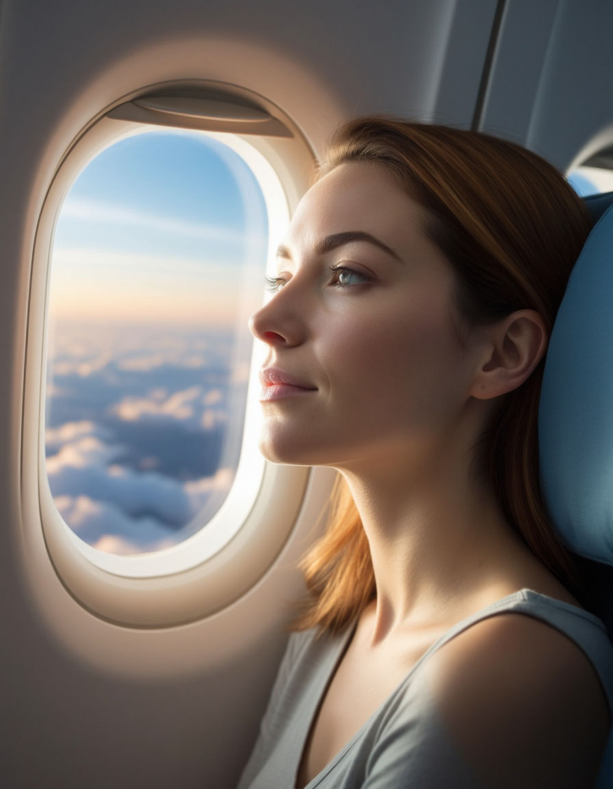 A woman with recent Botox injections sits by an airplane window.