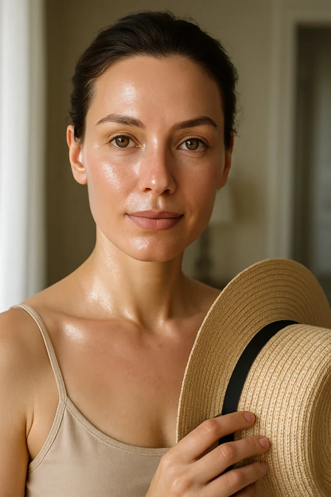 Woman holding a sun hat for protection after botox and sunbeds.