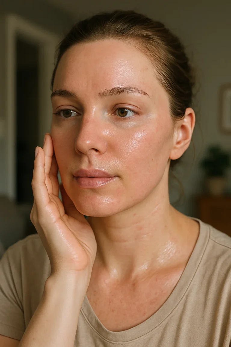 Woman touching face illustrating concern after laying down post botox.