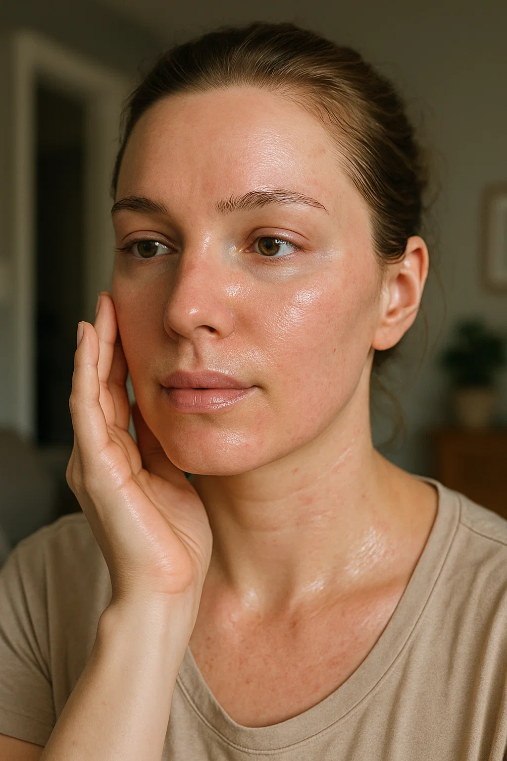 Woman touching face illustrating concern after laying down post botox.