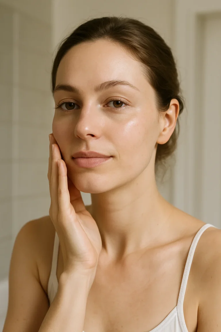 Woman touching face during her skincare routine.