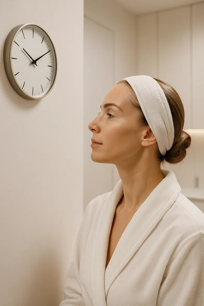 Woman watching clock for post botox waiting time.