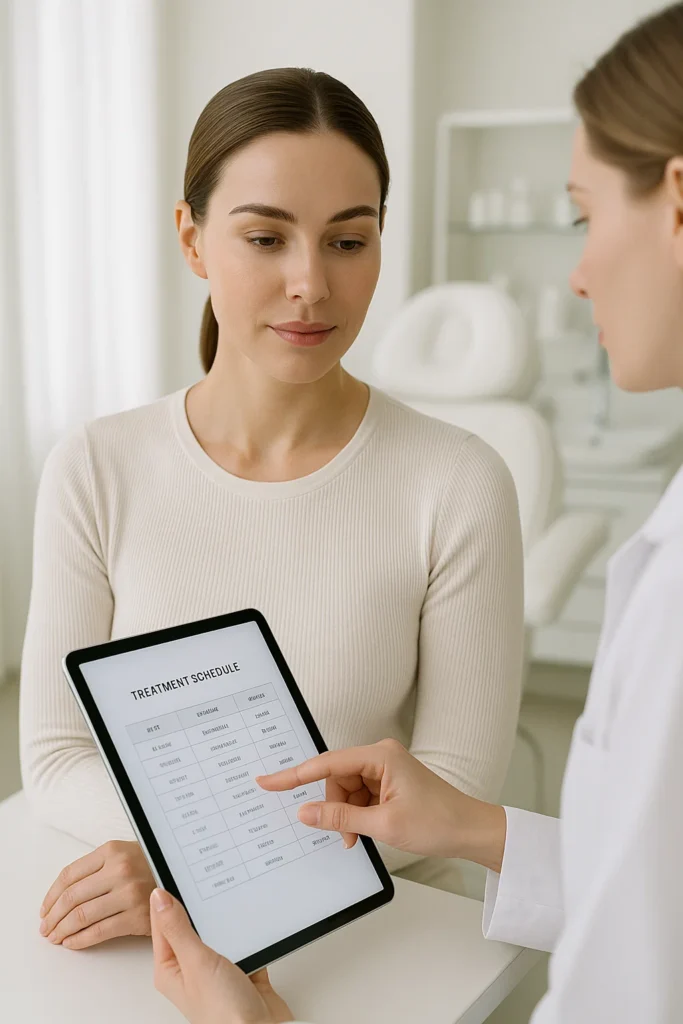 Medical professional shows client a typical Botox treatment schedule.