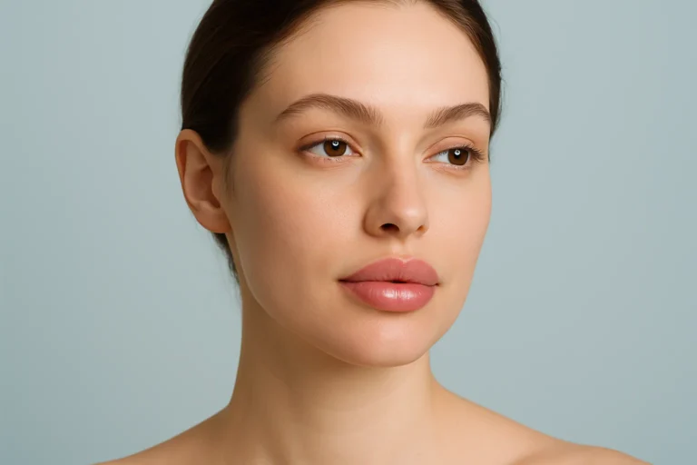 Close-up of a serene woman's face highlighting naturally enhanced lips after filler, against a soft, solid background.