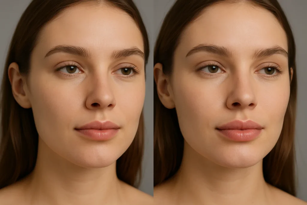 A single image visually comparing the subtle difference in lip volume between 0.5ml and 1ml filler on a model's lips.