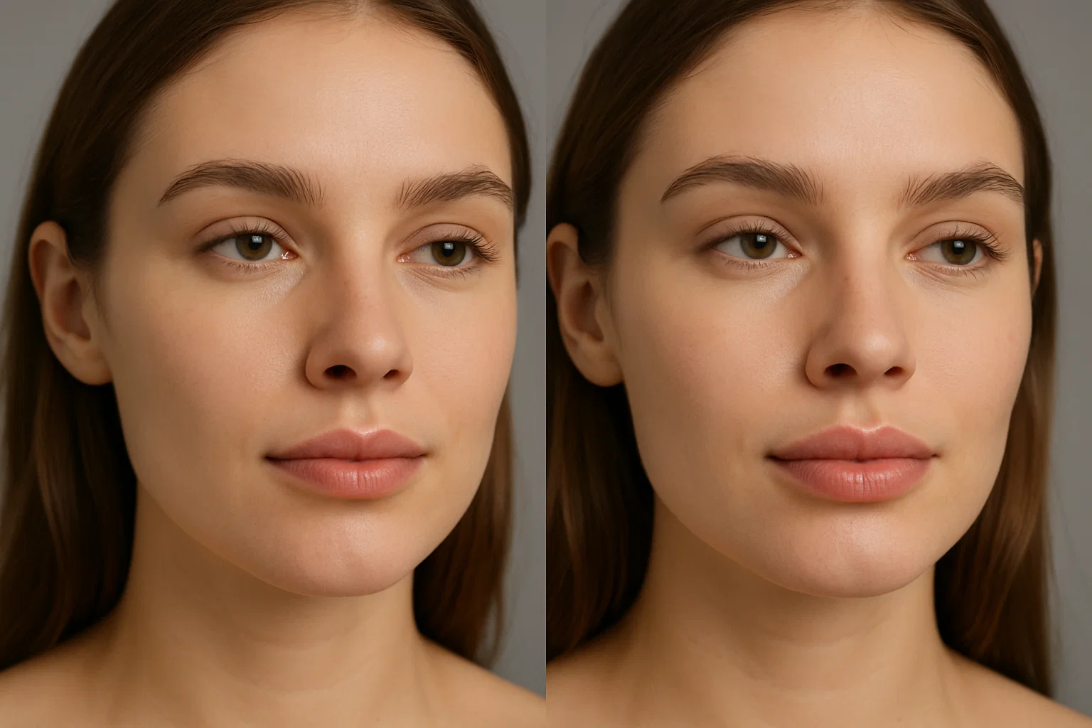 A single image visually comparing the subtle difference in lip volume between 0.5ml and 1ml filler on a model's lips.