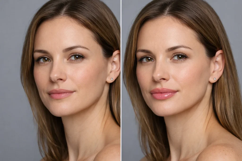 Before and after comparison showing natural lip enhancement results from professional filler treatment in Chelsea