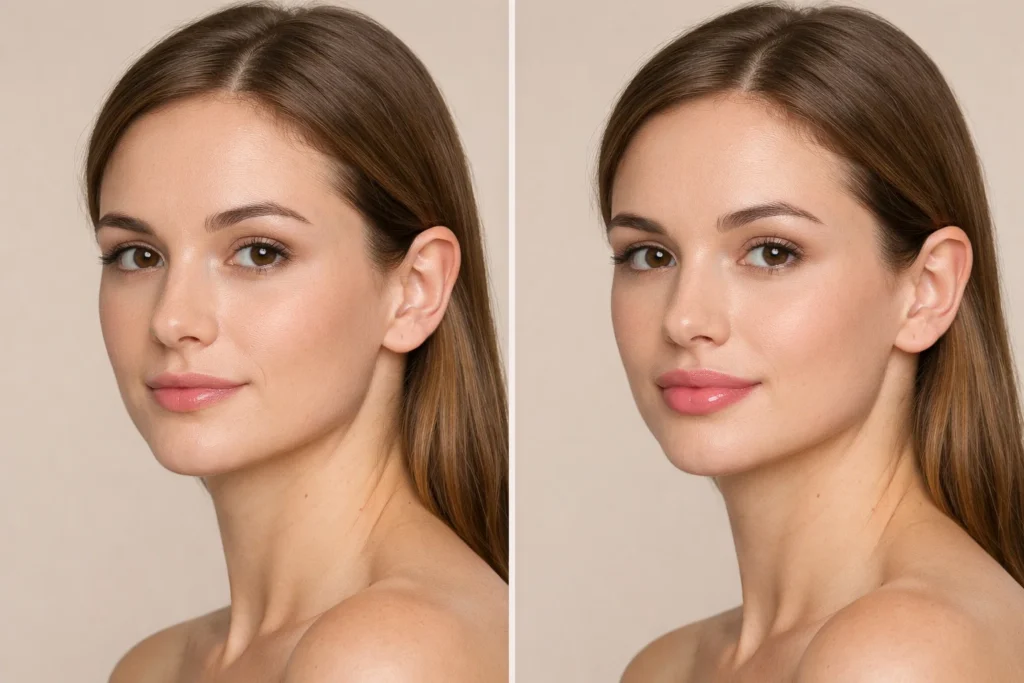 Before and after comparison showing natural lip enhancement results from professional filler treatment.