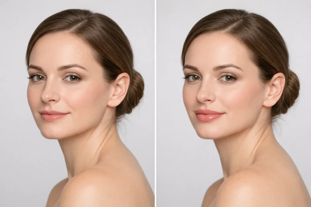 Before and after comparison of natural lip enhancement results from professional filler treatment in Harley Street.