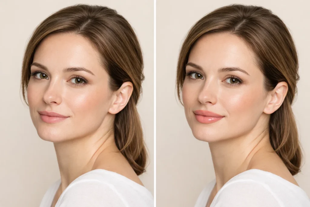 Before and after comparison showing natural lip enhancement results from professional filler treatment in Kensington.