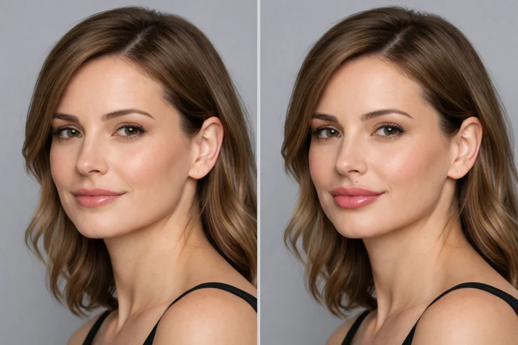 Before and after comparison showing natural lip enhancement results from professional filler treatment in Knightsbridge